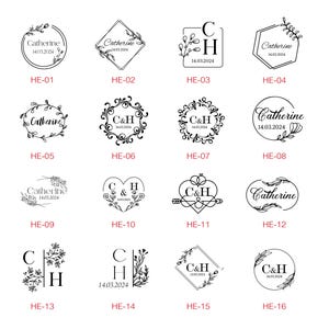 May include: A collection of sixteen black and white wedding stamp designs. Each stamp features floral elements, initials, names, and dates. The designs are in various shapes, including circles, squares, and hearts.