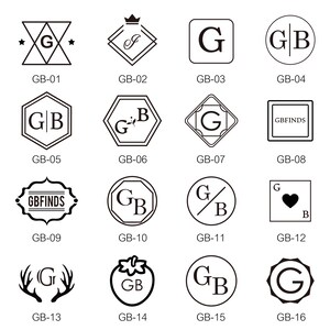 May include: A collection of sixteen black and white logo designs arranged in a grid, each labelled with codes from GB-01 to GB-16. The designs feature various geometric shapes, including circles, squares, hexagons, and diamonds, containing letters like G and B.
