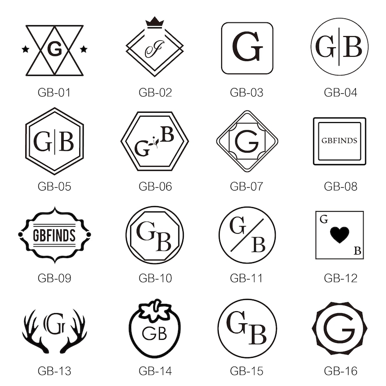 May include: A collection of sixteen black and white logo designs arranged in a grid, each labelled with codes from GB-01 to GB-16. The designs feature various geometric shapes, including circles, squares, hexagons, and diamonds, containing letters like G and B.