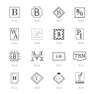 May include: A collection of sixteen black and white graphic logo designs arranged in a grid. Each design features unique geometric borders, monograms, and text labels ranging from FA-01 to FA-16, including letters like B, W, A, G, P, I, M, H, V, C, and TRN.