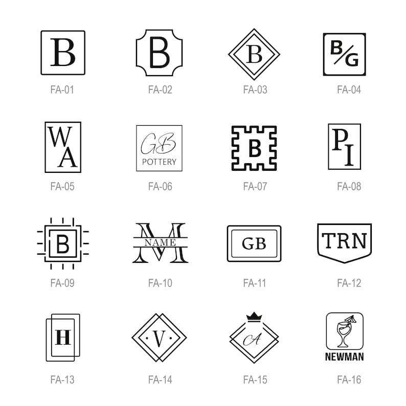 May include: A collection of sixteen black and white graphic logo designs arranged in a grid. Each design features unique geometric borders, monograms, and text labels ranging from FA-01 to FA-16, including letters like B, W, A, G, P, I, M, H, V, C, and TRN.
