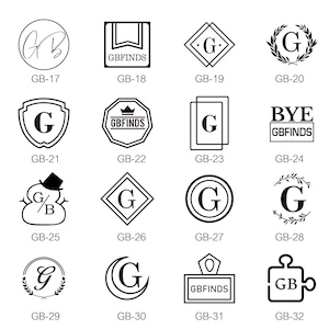 May include: A collection of sixteen black and white logo designs arranged in a grid, each labelled with a code from GB-17 to GB-32. The designs feature various geometric shapes, including circles, squares, diamonds, and shields, incorporating the letters G, B, or the text GBFINDS and BYE.