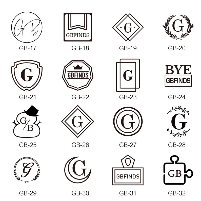 May include: A collection of sixteen black and white logo designs arranged in a grid, each labelled with a code from GB-17 to GB-32. The designs feature various geometric shapes, including circles, squares, diamonds, and shields, incorporating the letters G, B, or the text GBFINDS and BYE.