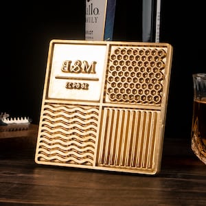 Puede incluir: Un posavasos de metal dorado con un diseño en relieve. El posavasos tiene cuatro secciones: un patrón de panal, un patrón ondulado, un patrón rayado y una sección con el texto "B&M ESPO 81".