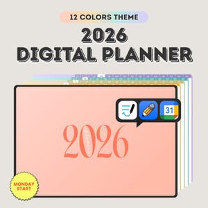 Könnte beinhalten: Ein digitaler Planer für 2026 mit einem 12-Farben-Thema. Das Cover ist pfirsichfarben mit dem Jahr 2026 in korallfarbener Schrift. Die Worte "Digital Planner" sind fett und dunkelgrau geschrieben. Enthält Symbole für Notizen, Zeichnungen und Kalender.