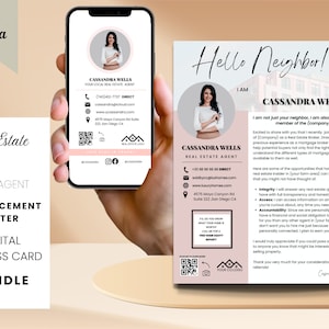 Carta de anuncio de nuevo agente con código QR y tarjeta de presentación con formato de texto Plantilla de Canva para marketing inmobiliario Folleto de agente inmobiliario Paquete de código QR Rosa