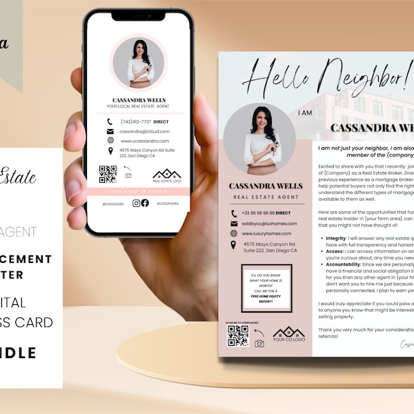 New Agent Announcement Letter wth QR code and Textable Business Card Real Estate Marketing Canva Template Realtor Flyer QR Code Bundle Pink