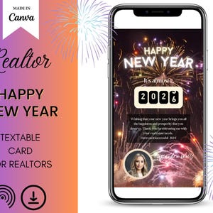 2026 gelukkig nieuwjaar makelaar tekstbare digitale e-card canva vastgoedmarketing sociale media verhalen tekstsjabloon tekst 2026 nieuwjaarsvideokaart