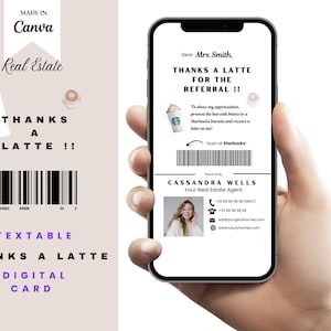 Bedankt een latte digitale verwijzingskaart Starbucks barcode onroerend goed landbouw verwijzingen sjabloon Canva koffie cadeaukaart makelaar bedankkaart