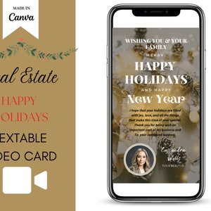 Tarjeta de video MP4 con texto Feliz Navidad para agente inmobiliario Tarjeta de Navidad con texto de marketing inmobiliario de Canva Tarjeta de vacaciones con texto para bienes raíces