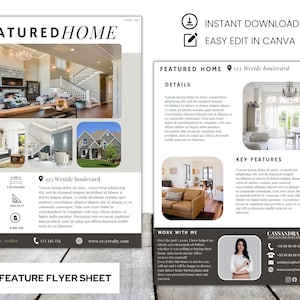 Modèle de fiche technique de deux pages pour une propriété Modèle Canva pour marketing immobilier Brochure sur l'immobilier Fiche portes ouvertes Flyer