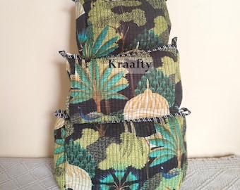Floral Print Cotton Toiletry Bags - Set of 3 Quilted Travel Pouches
