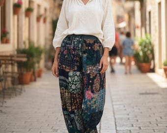 Patchwork Rayon Harem Pants: Boho Hippie Yoga Lounge Wear