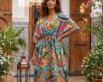 Multi Floral Hand Block Printed Cotton Kaftan: Plus Size Resort Gown