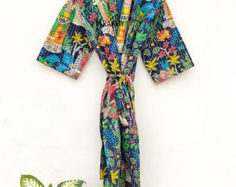 Hand Stitched Cotton Kantha Kimono Robe: Women's Dressing Gown