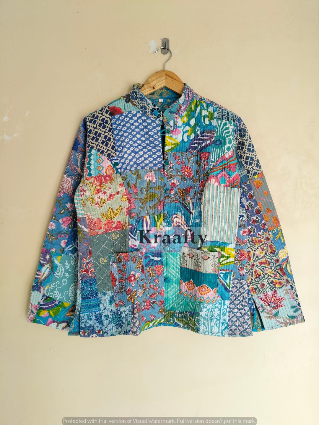 Blue Jacket Patchwork Reversible Kantha Quilted Jacket | Blue Patchwork Cotton Coat - Etsy