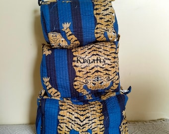 Handmade Quilted Cosmetic Bag Set, Indian Floral Print, Travel Toiletry Bags