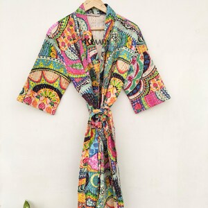 Handgjord Kantha-morgonrock i bomull: Lång kimono-stil, Fairtrade