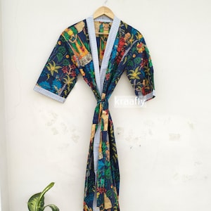 100%  Cotton Kimono Robe – Lightweight Summer Loungewear – Boho Floral Bathrobe – Women Relaxed Fit Dressing Gown with Belt & Pockets Robe