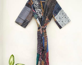 Handmade Cotton Kantha Robe: Indigo Kimono Style