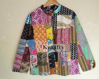 Handmade Silk Patchwork Quilted Jacket, Reversible Cotton Wear