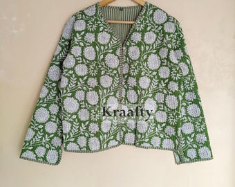 Handmade Block Print Cotton Quilted Jacket: Green Floral Reversible Coat
