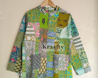 Handmade Green Silk Patchwork Quilted Jacket, Reversible Cotton