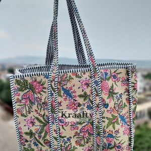 Handmade Cotton Beige Floral Block Print reversible Shopping Bag,Tote Bag,Large Shopping Bag,Quilted Tote Bag,Large Floral Bag,Kantha Bag