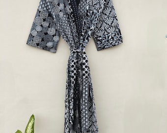 Handmade Cotton Kantha Robe: Long Kimono Style Bath Robe