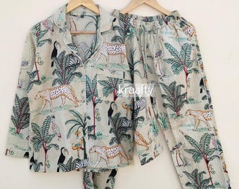 Conjunto de pijama de algodão feito à mão: roupa de dormir com estampa animal