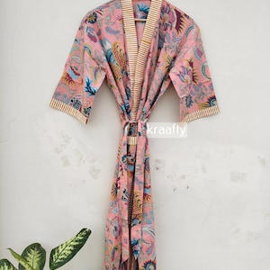 100%  Cotton Kimono Robe – Lightweight Summer Loungewear – Boho Floral Bathrobe – Women Relaxed Fit Dressing Gown with Belt & Pockets Robe