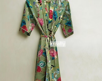 Grüner Kimono-Robe aus Baumwolle mit Handblockdruck