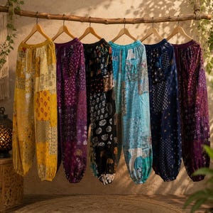 May include: Six pairs of loose-fitting trousers with elasticized ankles and waistbands, each featuring a unique patchwork design in vibrant colors including yellow, purple, black, light blue, and dark blue, all hanging on wooden hangers.