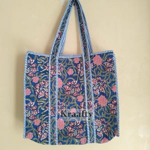 Floral Printed Tote Bags Quilted Handmade Cotton Blue Printed Large Shopping Bag Women Cotton Ethnic Handmade Tote Bags Gift for Her