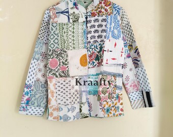 Handmade Silk Patchwork Quilted Jacket, Reversible Cotton, Women's Wear