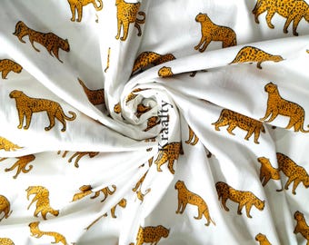 Beige White Animal Block Print Cotton Fabric – Hand Screen Printed Indian Cotton By Yard