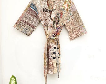 Handmade Cotton Kantha Robe: Indigo Kimono, Traditional Indian Style
