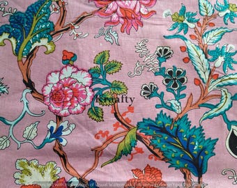 Tela de algodón india hecha a mano y cortada a medida, estampado floral rosa