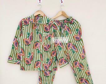 Summer Cotton Pajama Set: Papaya Print Indian Night Suit