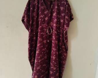 Upcycled Silk Sari Kaftan Dress, Boho Kimono Robe, Beach Cover-Up, Hand Embroidered Flower Print