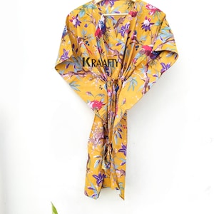 Handmade Cotton Kaftan Summer Kaftan Beach Cover up Indian Yellow Bird Printed Kaftan Loose Cotton lounge wear Cotton sleepwear Resort wear