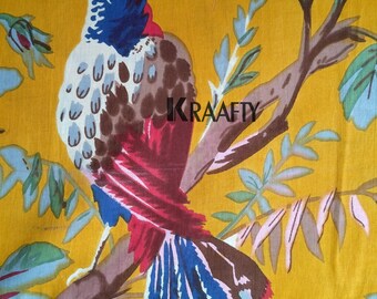 Yellow Bird Block Print Cotton Fabric, Vegetable Dye, Indian Craft Material By Yard