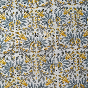 Block Printed Cotton Fabric, Floral Indian Fabric, Yellow & White, By The Yard