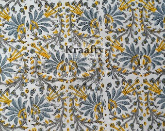 Hand Block Print Cotton Fabric, Yellow Floral Indian Textile, Vegetable Dye Yardage