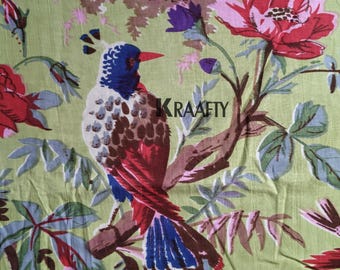 Indian Bird Print Cotton Fabric by Yard, Vegetable Dyed Block Print Textile