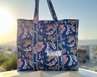 Hand Block Printed Quilted Tote Bag, Eco-Friendly Cotton Market Bag
