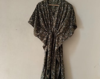 Floral Print Silk Kaftan, Upcycled Sari Robe, Boho Beach Cover Up