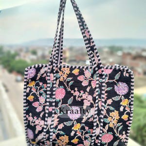Handmade Cotton Peach Floral Block Print reversible Shopping Bag,Tote Bag,Large Shopping Bag,Quilted Tote Bag,Large Floral Bag,Kantha Bag