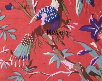 Indian Bird Print Cotton Fabric by Yard, Vegetable Dyed Hand Screen Print Textile