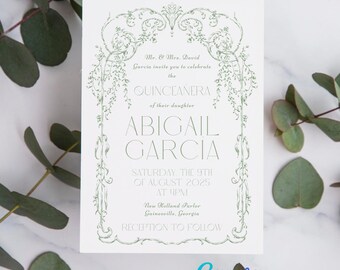 Whimsical Greenery Quinceañera Invitation Template | Digital Canva Download | Antique+Vintage+Art Deco+Timeless+Elegant 5x7 Card